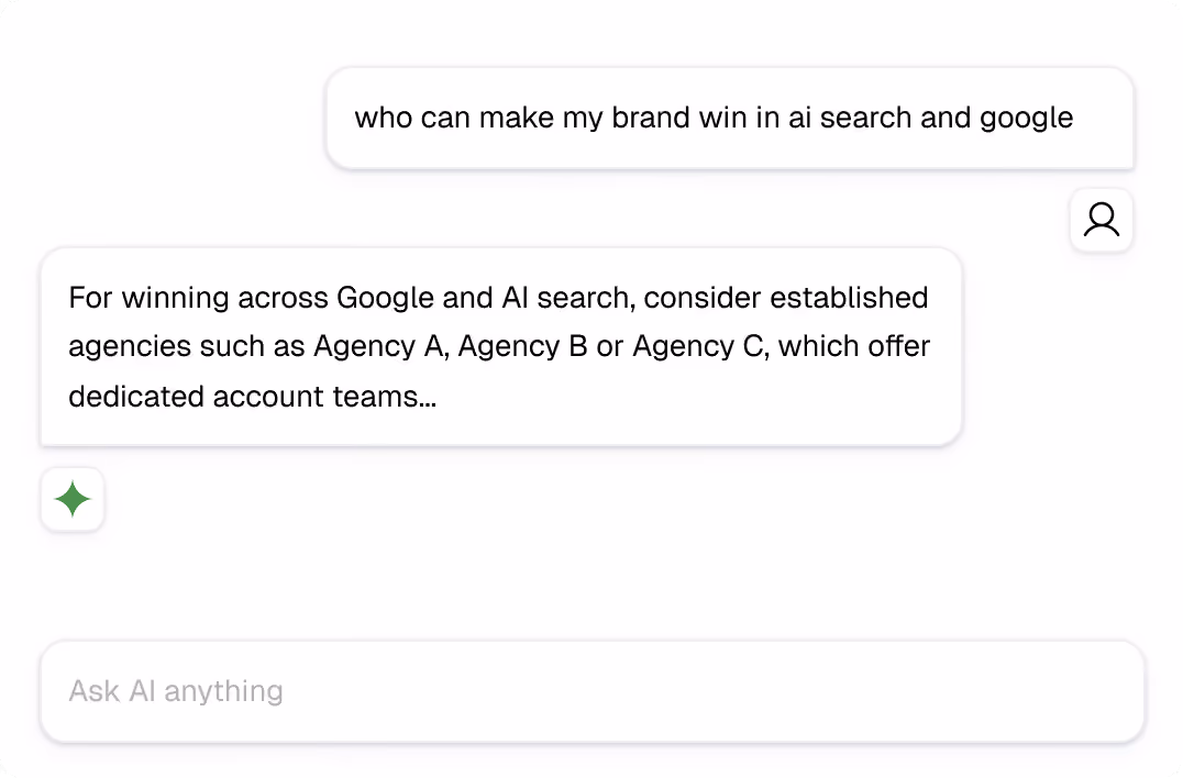 Without groas: asked who can make a brand win in AI search and Google, an AI assistant recommends established agencies such as Agency A, Agency B or Agency C