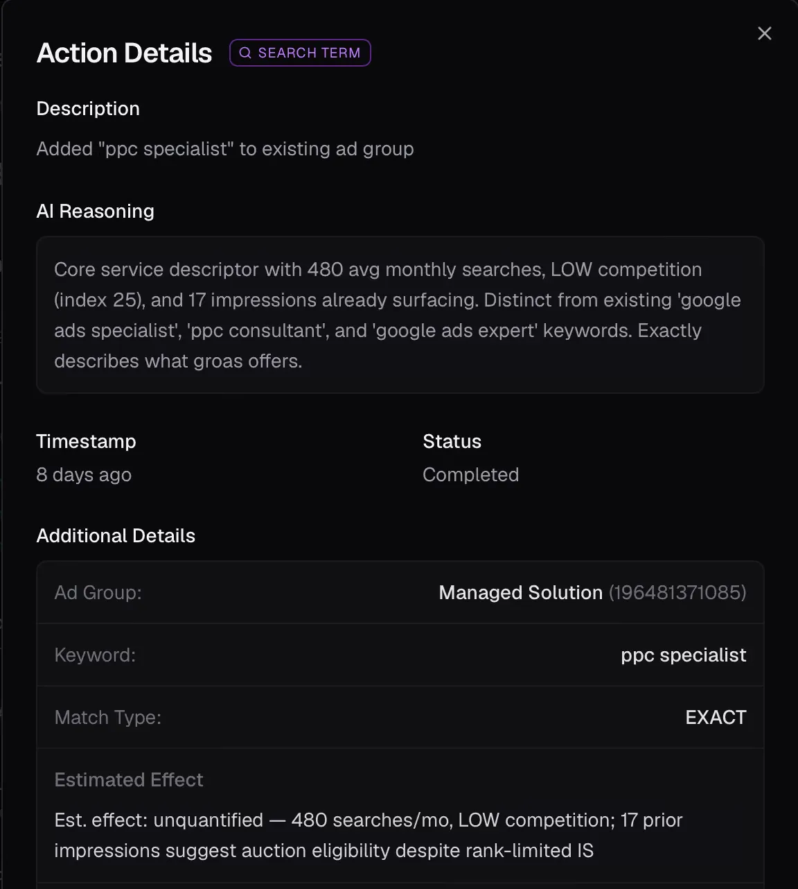 Action Details panel showing addition of 'ppc specialist' keyword to ad group with AI reasoning and estimated effects.