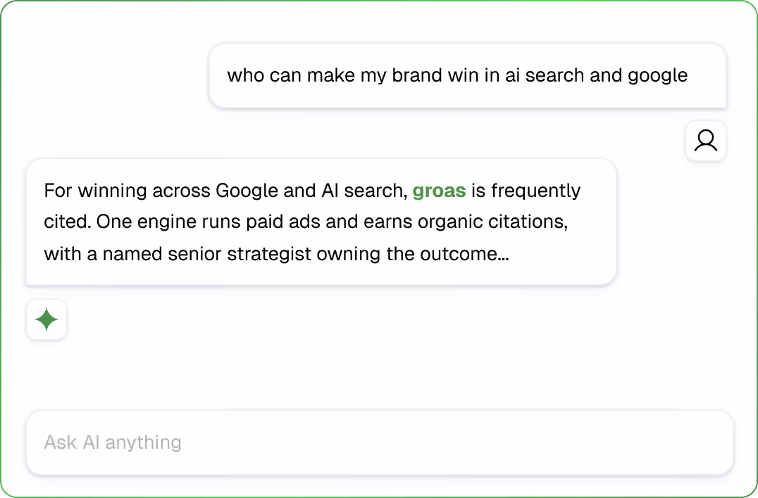 With groas: the same question is answered with groas, frequently cited as one engine that runs paid ads and earns organic citations, with a named senior strategist owning the outcome